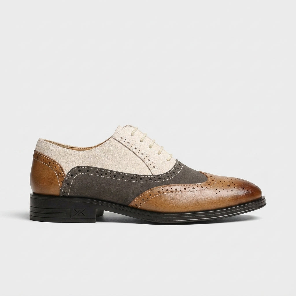 Men's Oxford Brogue Wingtip Lace-Up Low Block Heel