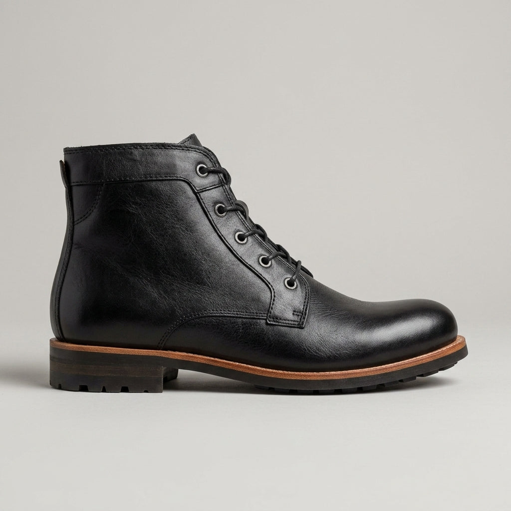 Men's Ankle Boots - Lace-Up - Round Toe - Leather - Low Heel