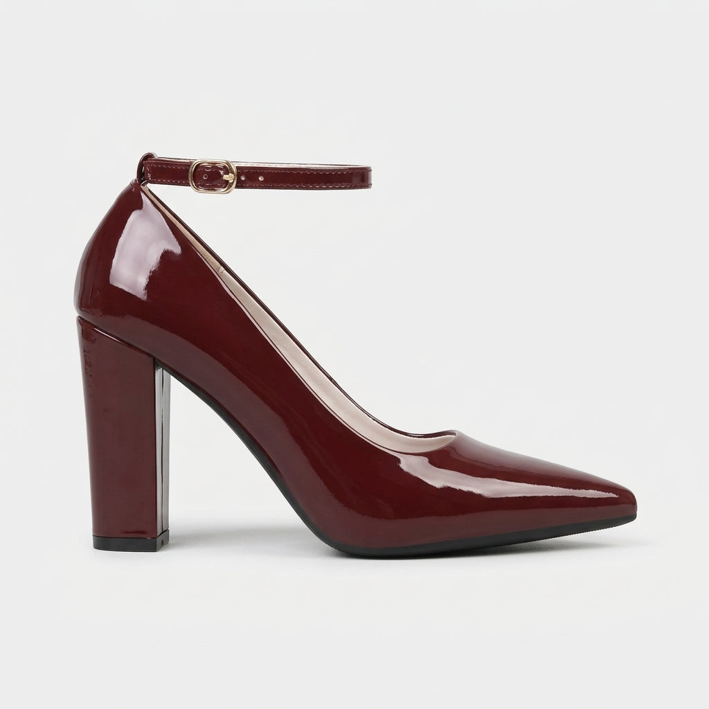 Women's Heels Pointed Toe Ankle Strap Block Heel Patent Finish