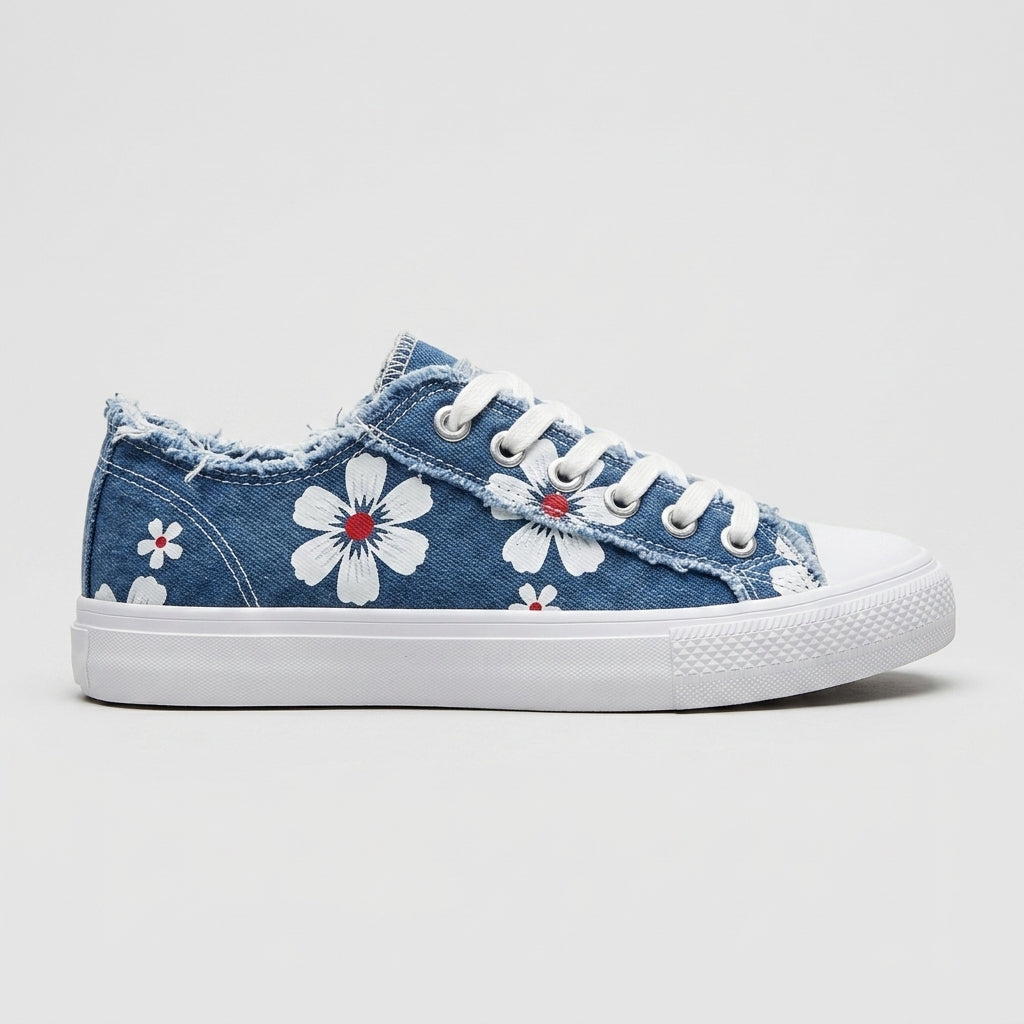 Women's Lace-Up Round Toe Denim Trainers with Frayed Trim