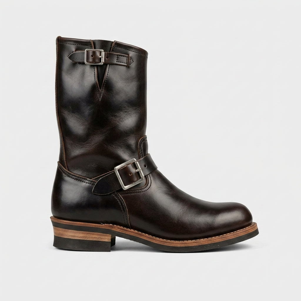 Men's Boots Mid-Calf Double Buckle Leather Low Heel Round Toe