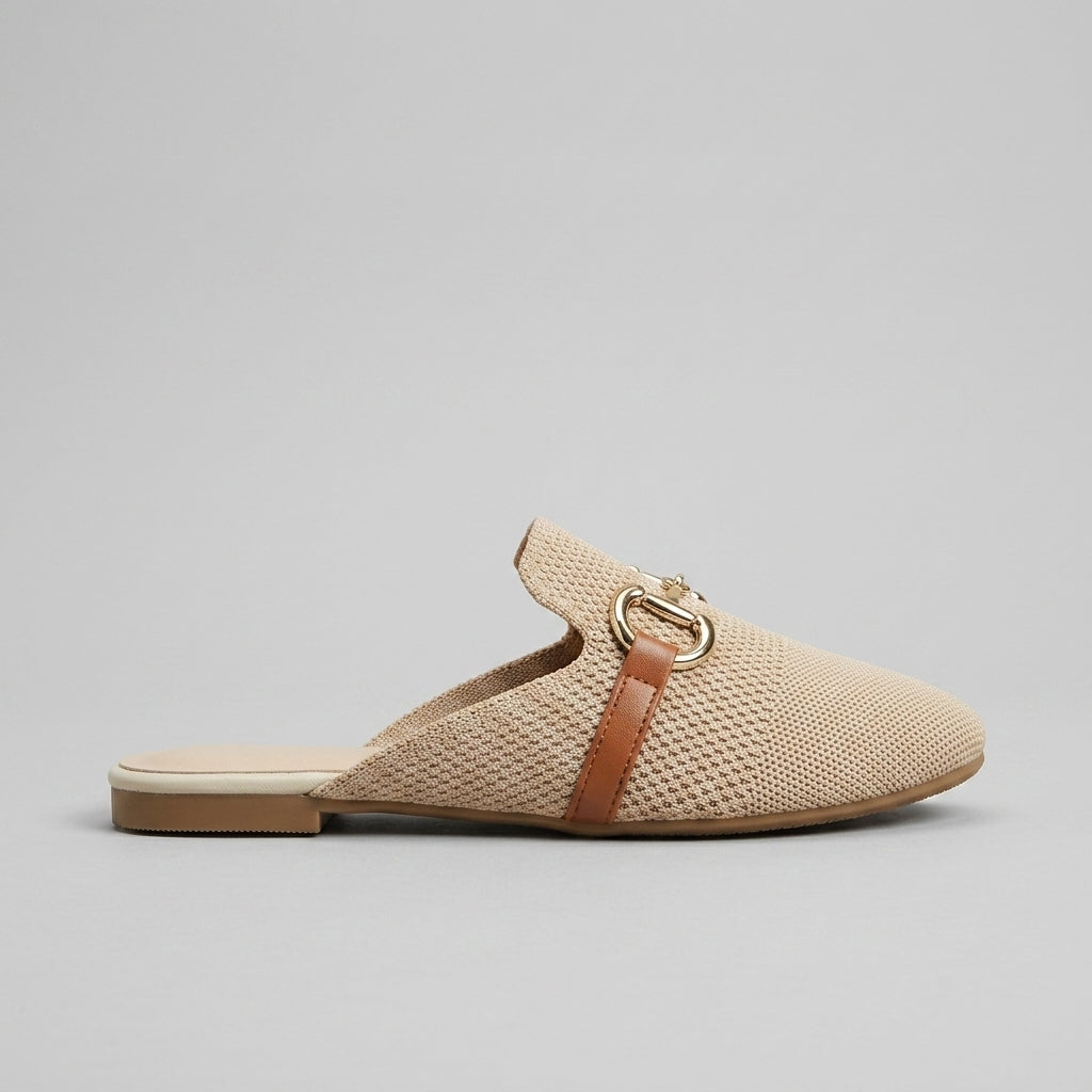 Women's Mule Flats - Pointed Toe - Mesh Upper - Buckle Strap