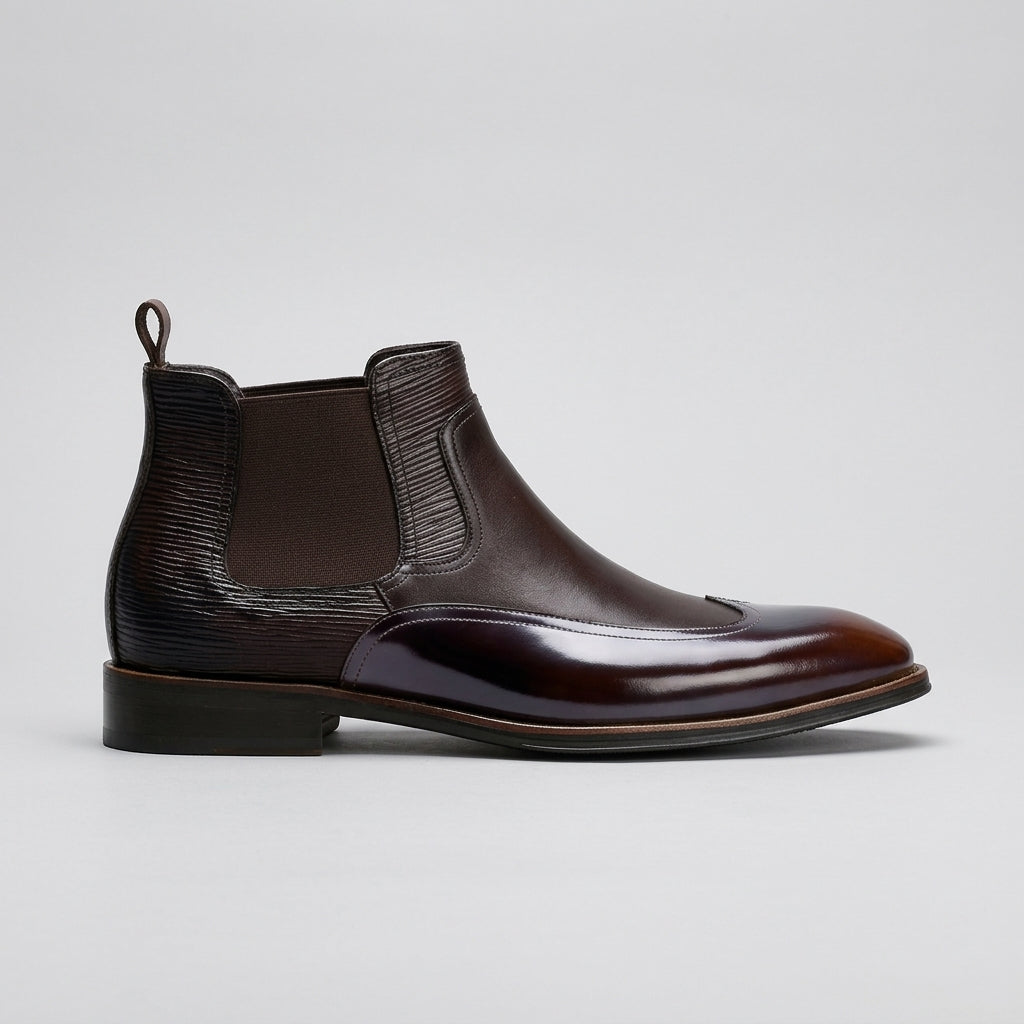 Men’s Patent Chelsea Boots with Brogue Wingtip Detail, Elastic Gusset and Pull Tab