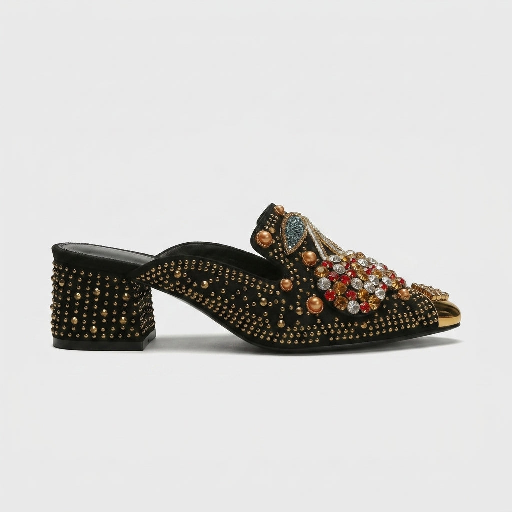 Women's Block Heels Pointed Toe Crystal Cherry Embellished Mules