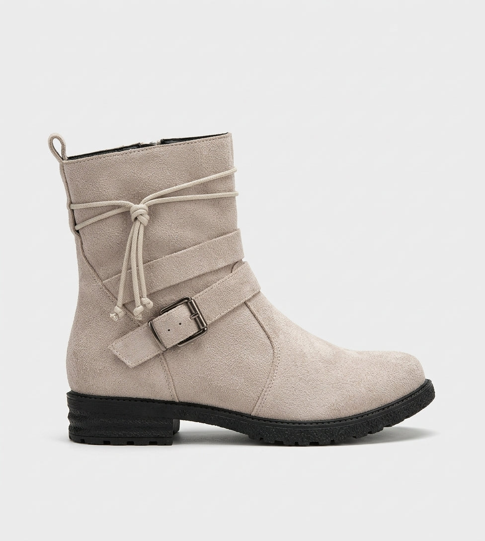 Women's Ankle Boots Side Zip Wrap Strap Tassel Buckle Low Block Heel