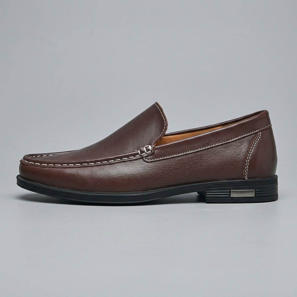 Men's Leather Loafers - Slip-On Moc Toe Shoes with Low Block Heel