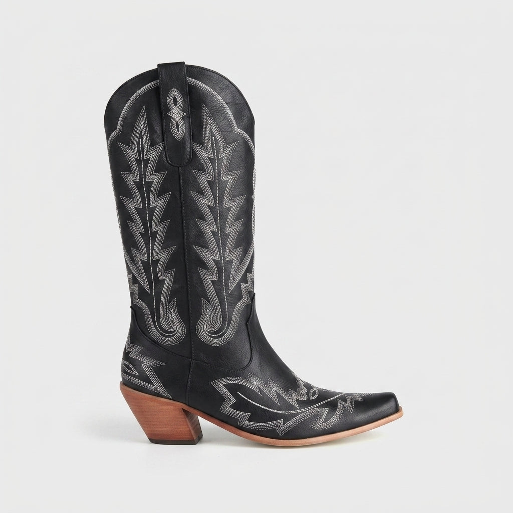 Women's Western Knee-High Boots Embroidery Pointed Toe Stacked Heel