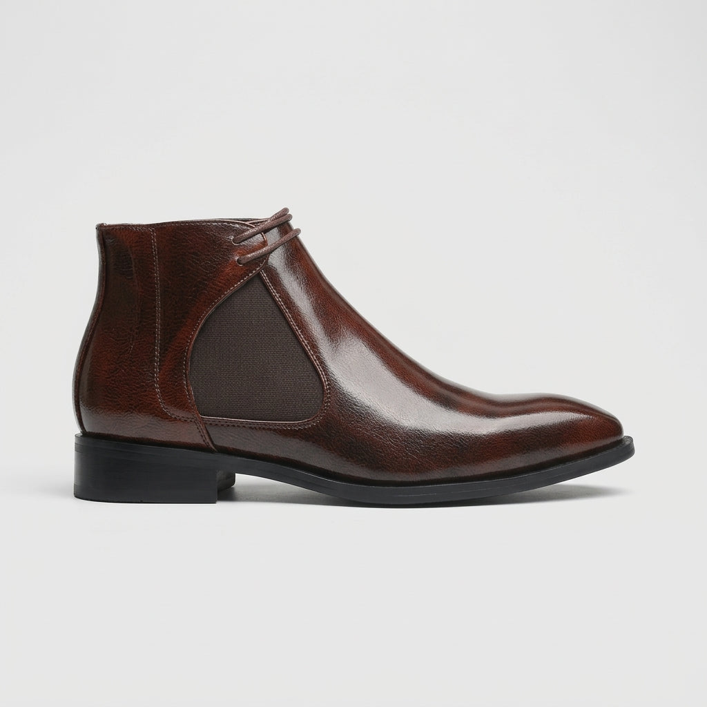 Men's Boots Leather Chelsea - Elastic Gore - Low Block Heel - Ankle