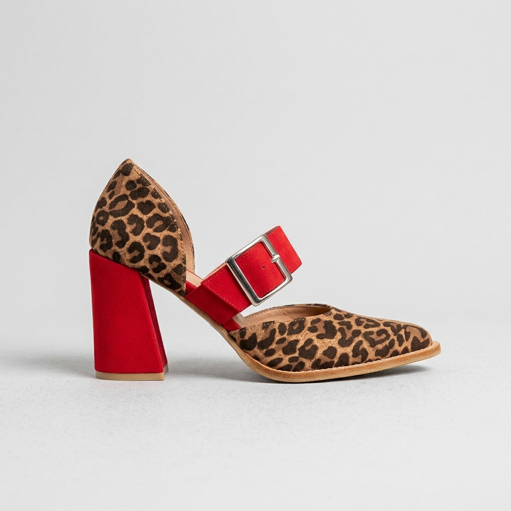 Women's Block Heels - Leopard Print - Buckle Strap - Closed Toe
