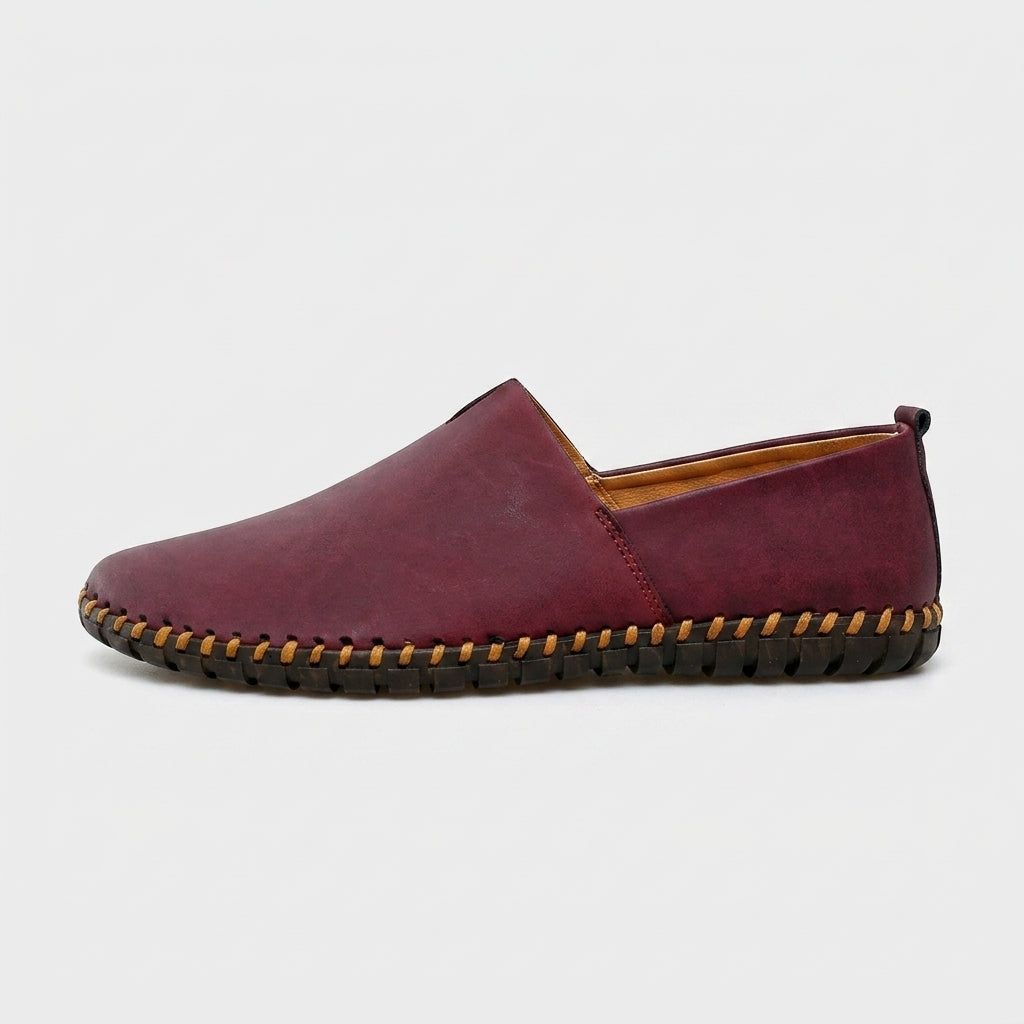 Men's Slip-On Loafers - Leather - Hand-Stitched Sole - Pull Tab