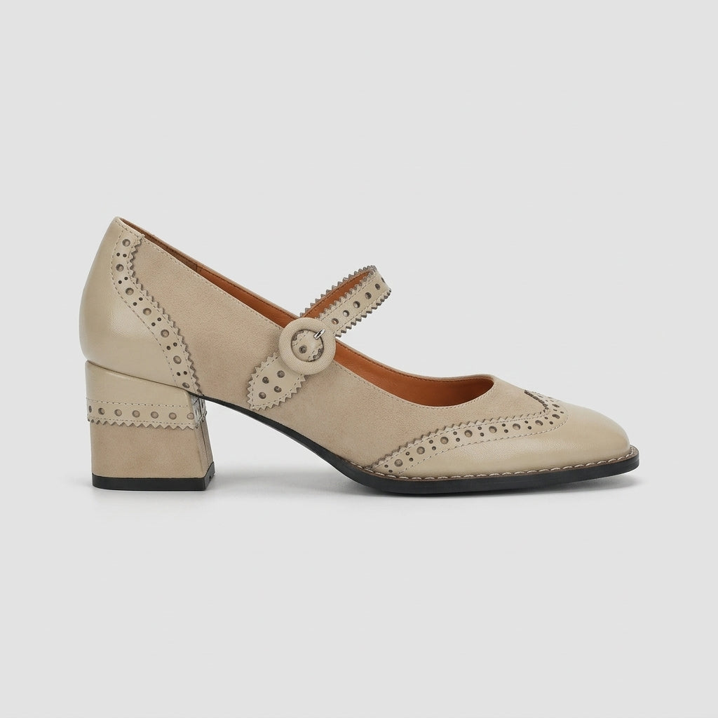 Women's Mary Jane Heels Square Toe - Brogue Perforated - Block Heel