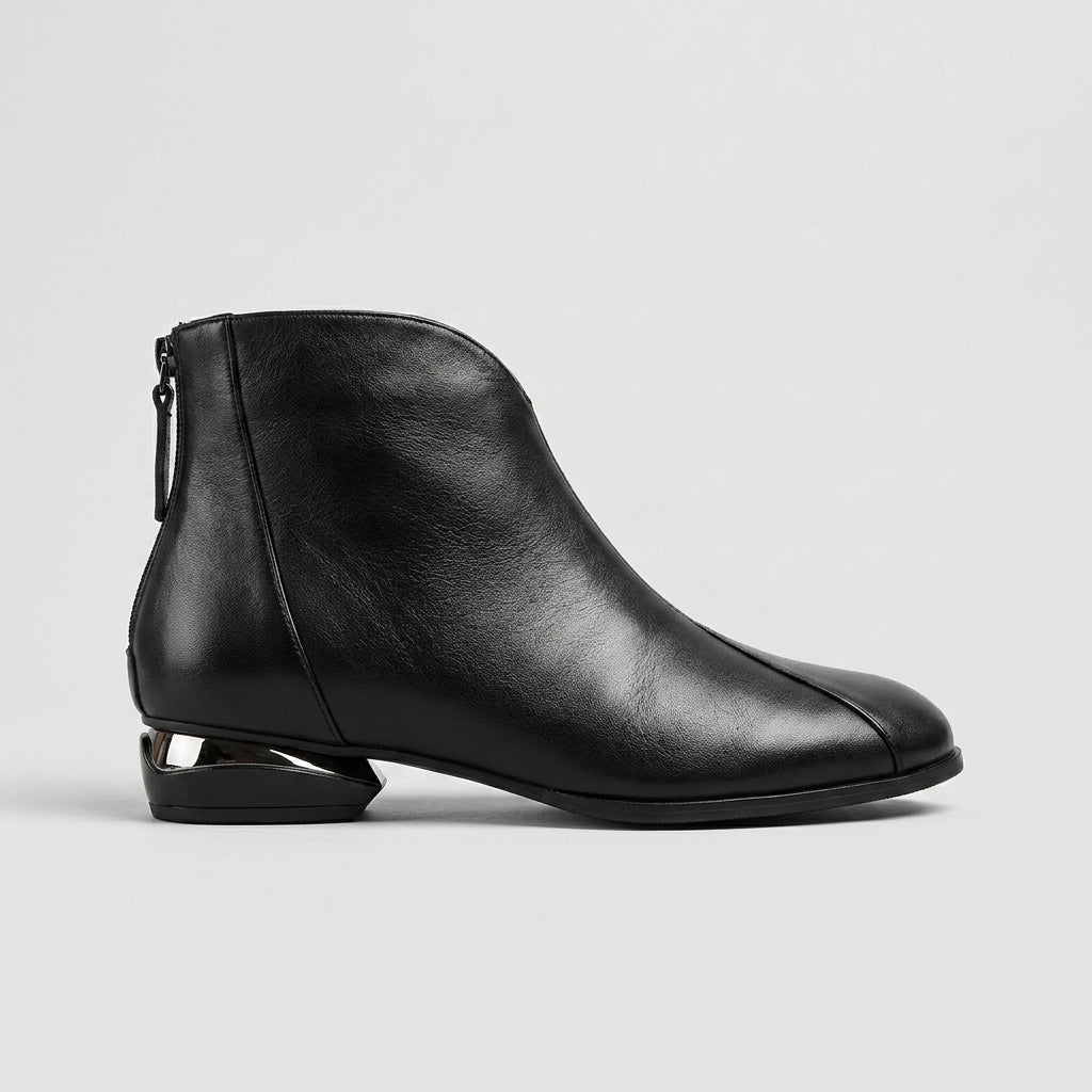 Women's Ankle Boots Block Heel Zip Closure Leather Upper