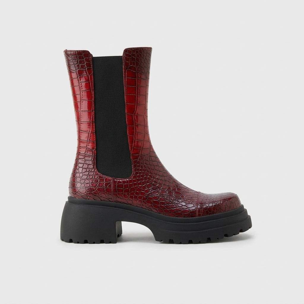 Women's Platform Boots Mid-Calf Chelsea Croc-Embossed Lug Sole