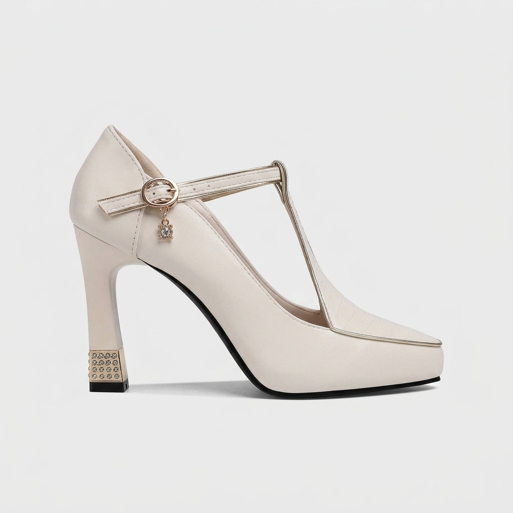 Women’s T-Strap Heels with Square Toe, Gold-Tone Buckle