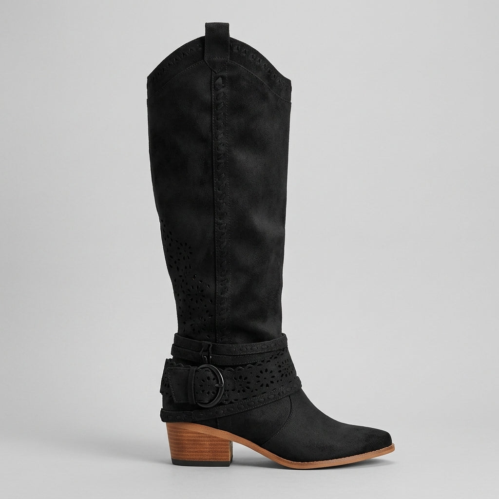 Women's Boho Knee High Boots Western Buckle Strap Block Heel