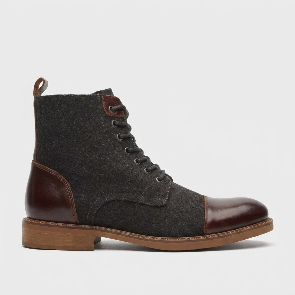 Men's Boots Lace-Up Cap Toe Ankle Wool-Blend Leather Heel Panel