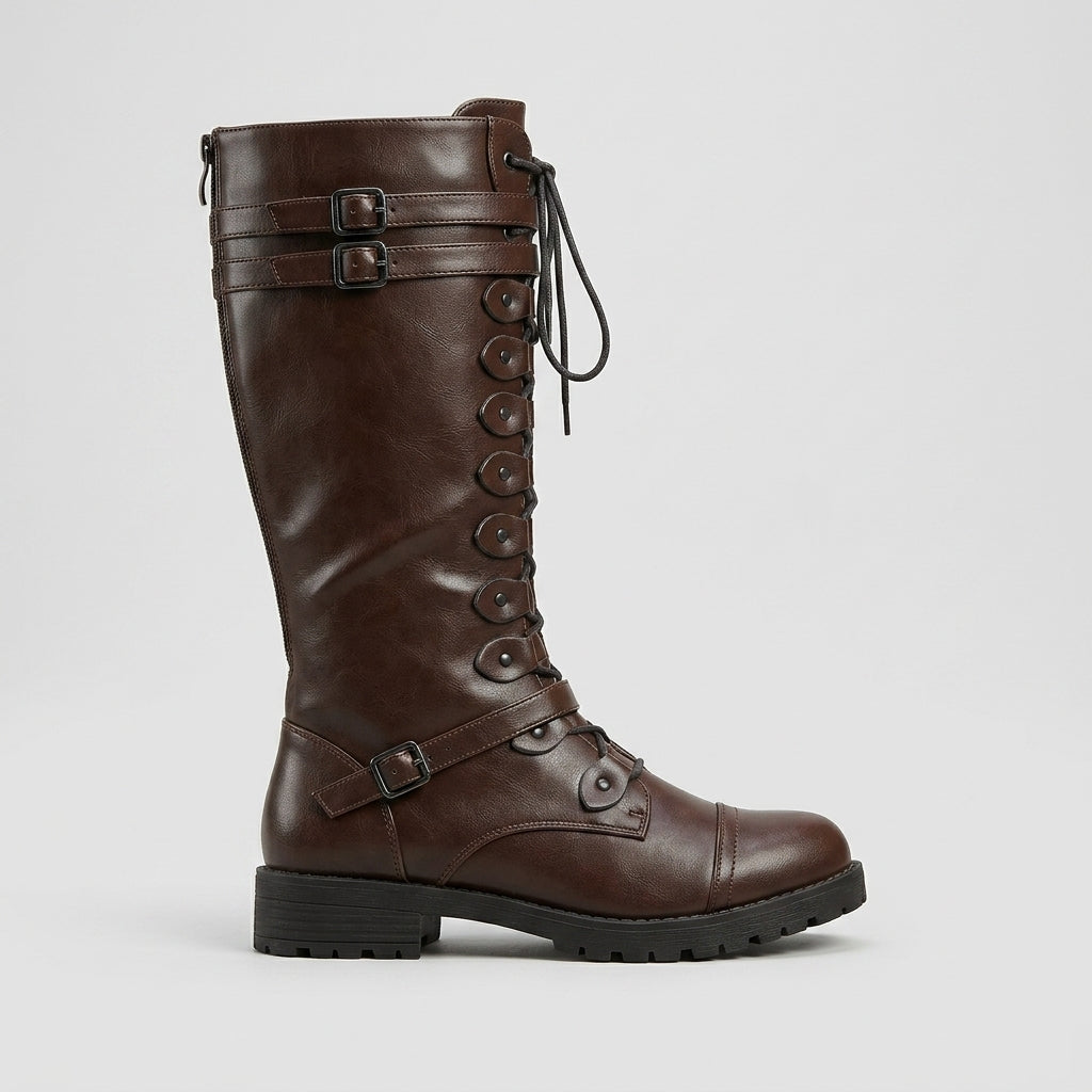 Women's Boots Knee-High Lace-Up Buckle Straps Low Block Heel