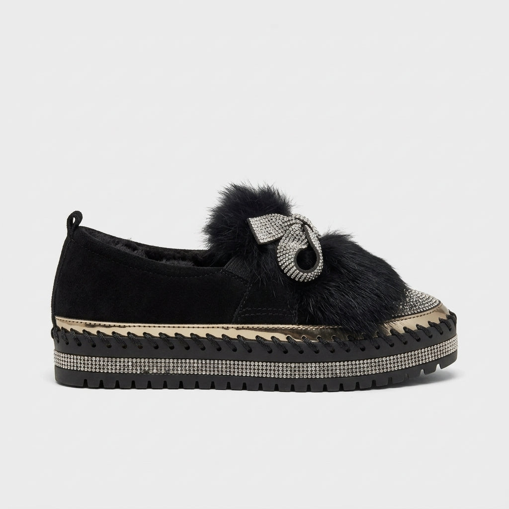 Women's Round Toe Flats with Fur Trim Bow and Rhinestone Detail