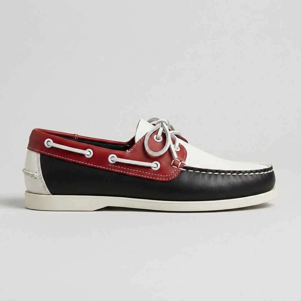 Men's Color-Block Leather Boat Shoes with Lace-Up Closure