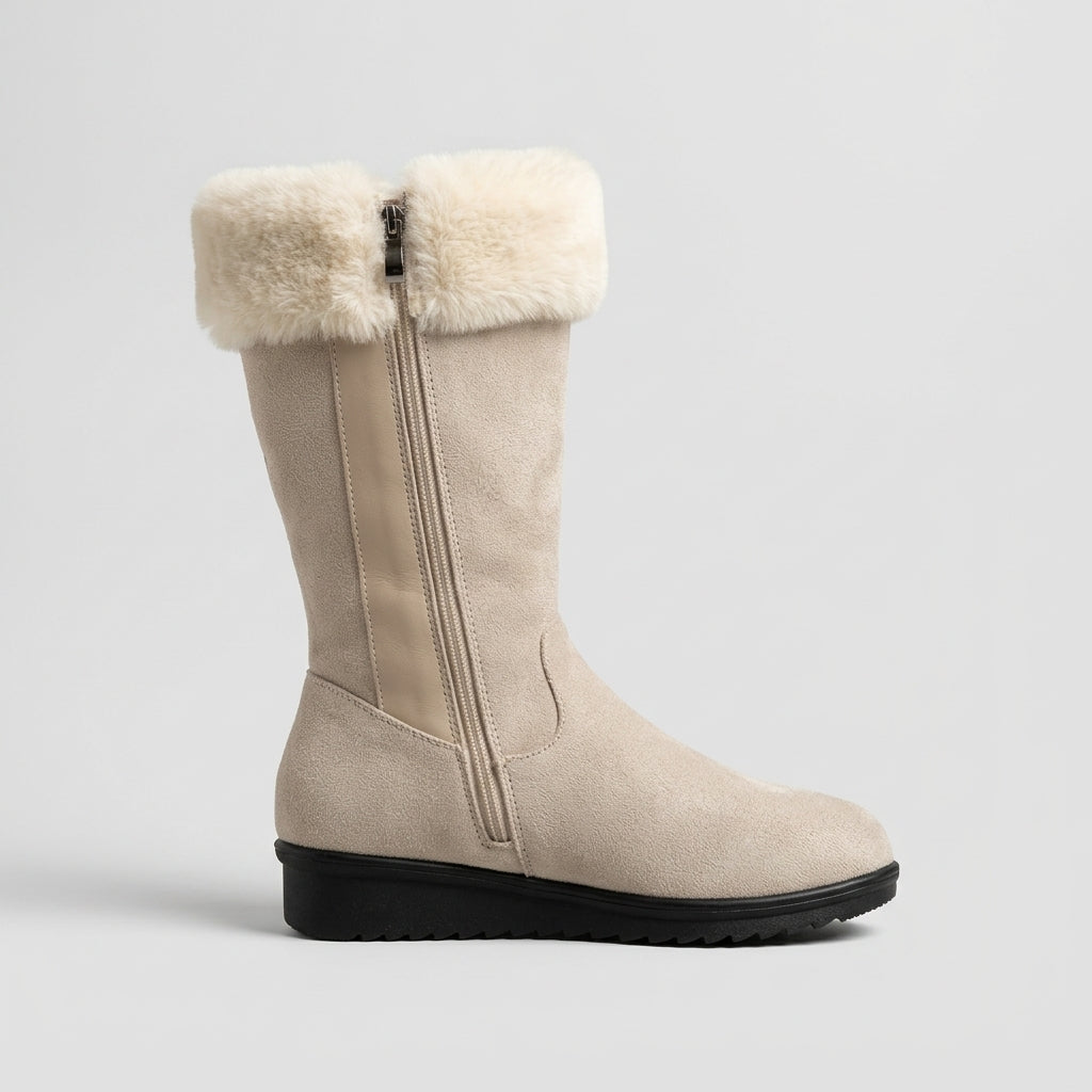 Women's Boots Mid-Calf Fur-Trimmed Side-Zip Wedge Sole