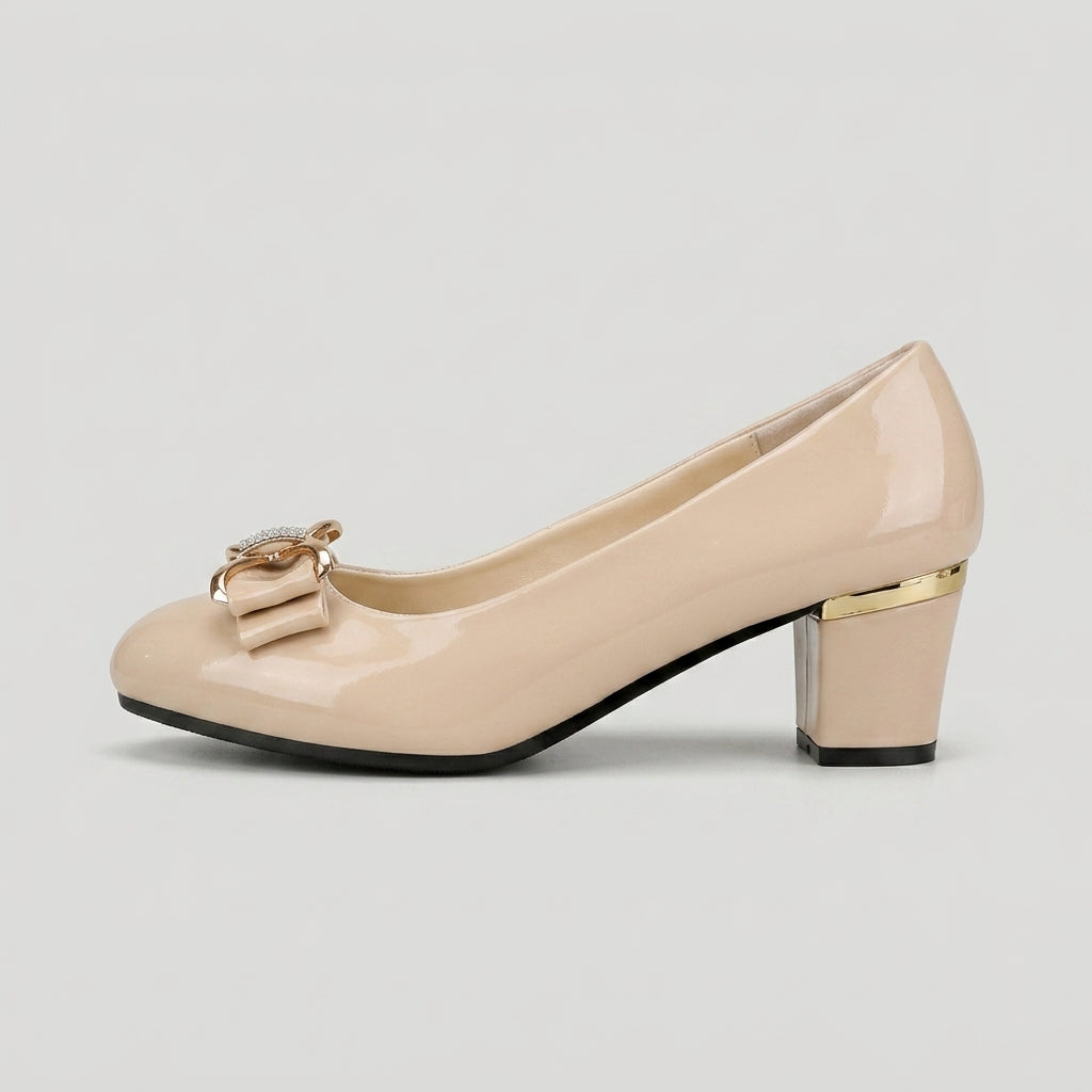 Women's Block Heels Patent Leather Round Toe Rhinestone Bow