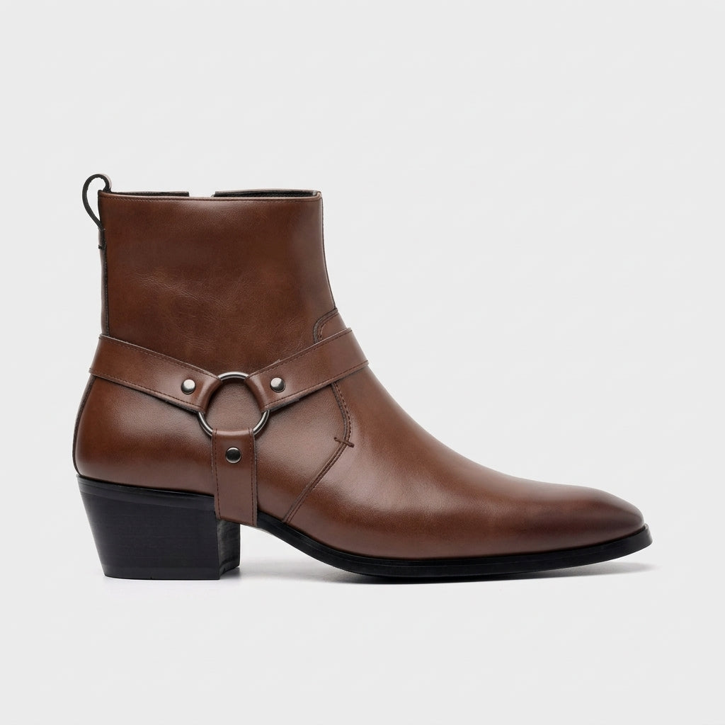 Men’s Ankle Boots with Pointed Toe, Harness Strap, D-Ring Stud Detail and Side Zip