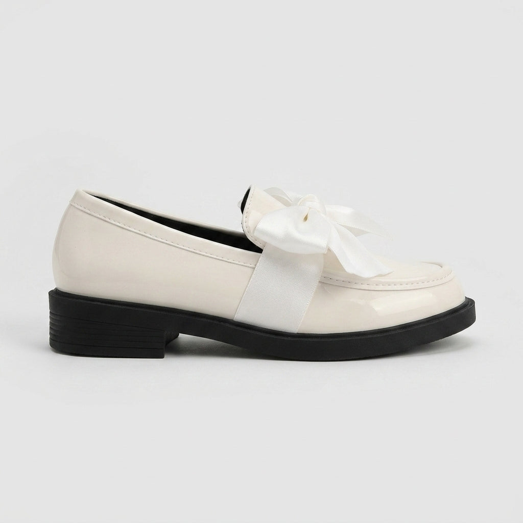 Women's Penny Loafers with Bow Detail - Patent Finish - Low Block Heel