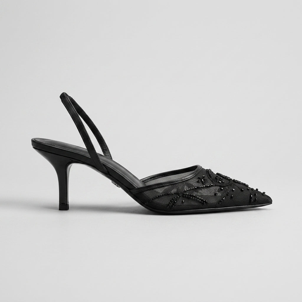 Women's Kitten Heels Embroidered Mesh Pointed Toe Slingback