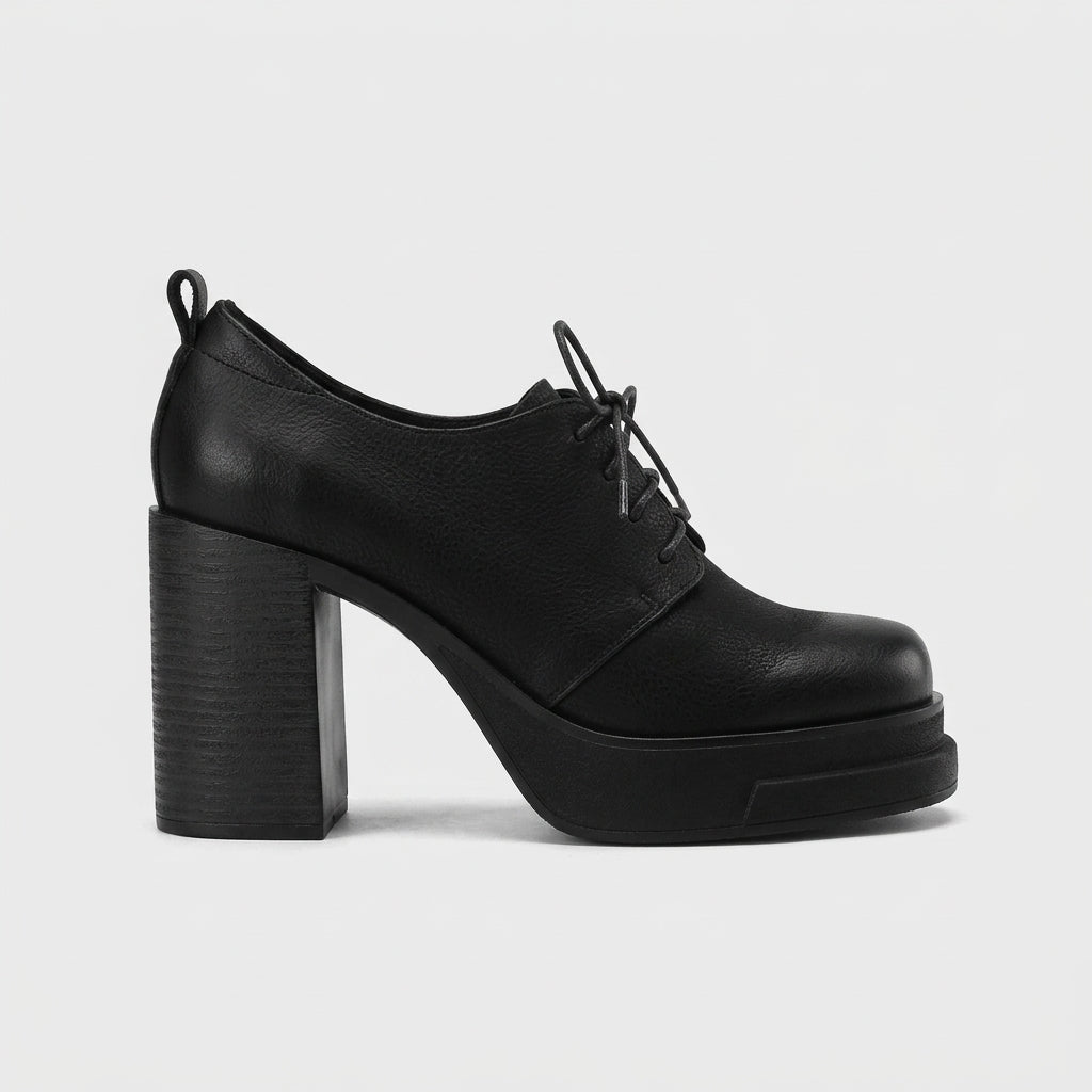 Women's Leather Platform Oxfords with Lace-Up Closure and Block Heel