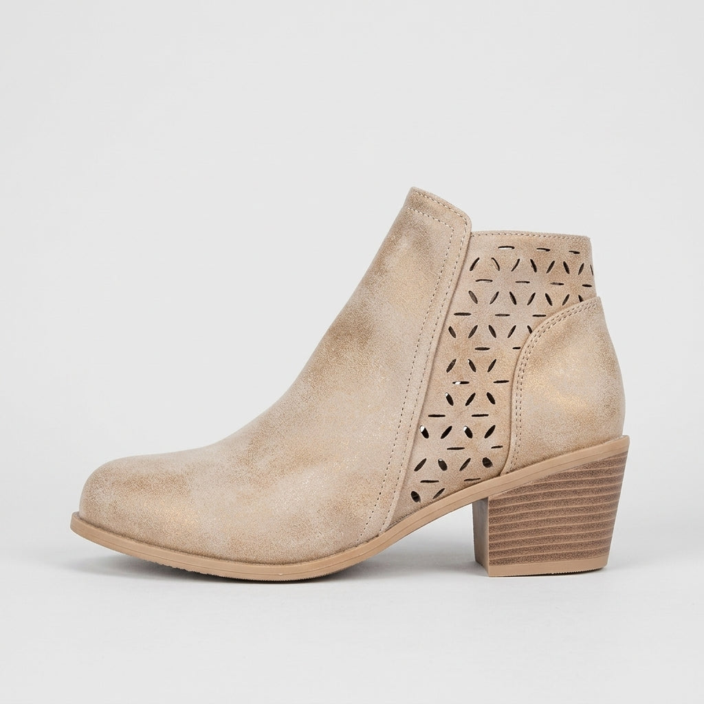 Women's Ankle Boots Block Heel Laser-Cut Side Zip