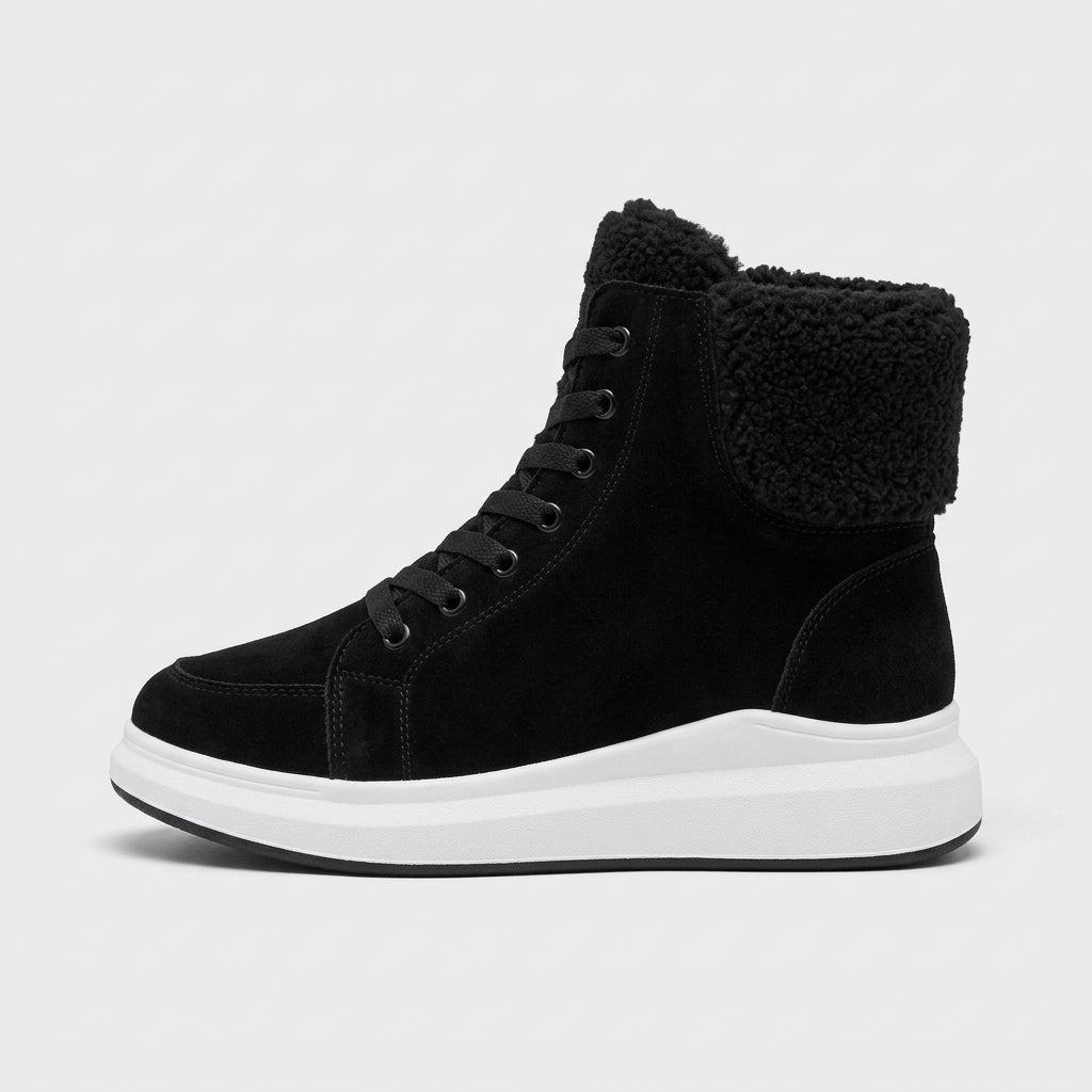 Women's Lace-Up Ankle Boots with Plush Lined Collar and Thick Sole