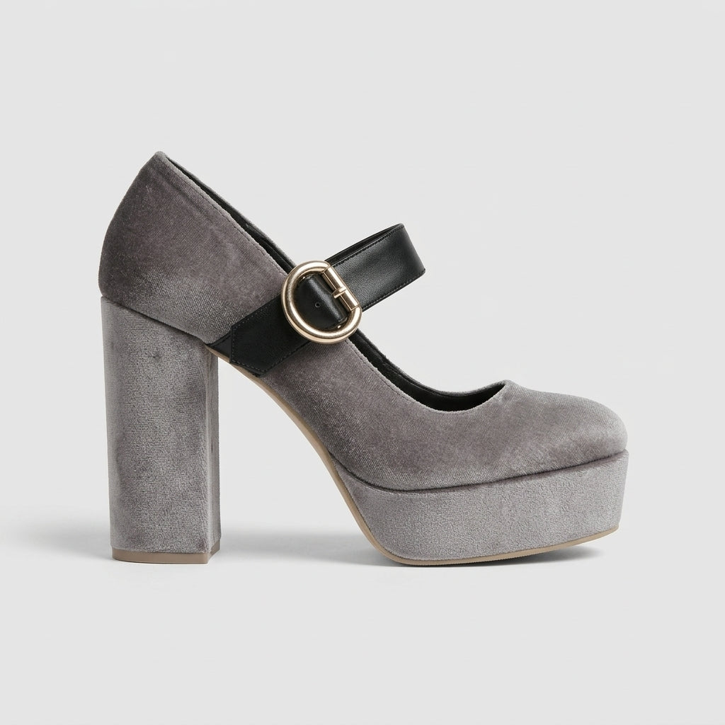 Women's Mary Jane Heels Platform Block Heel Round Toe Velvet