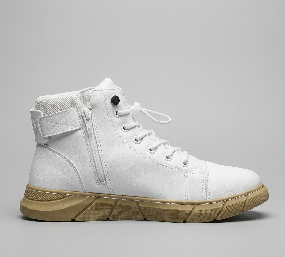 Men's High-Top Sneakers Leather Lace-Up Ankle Buckle Strap