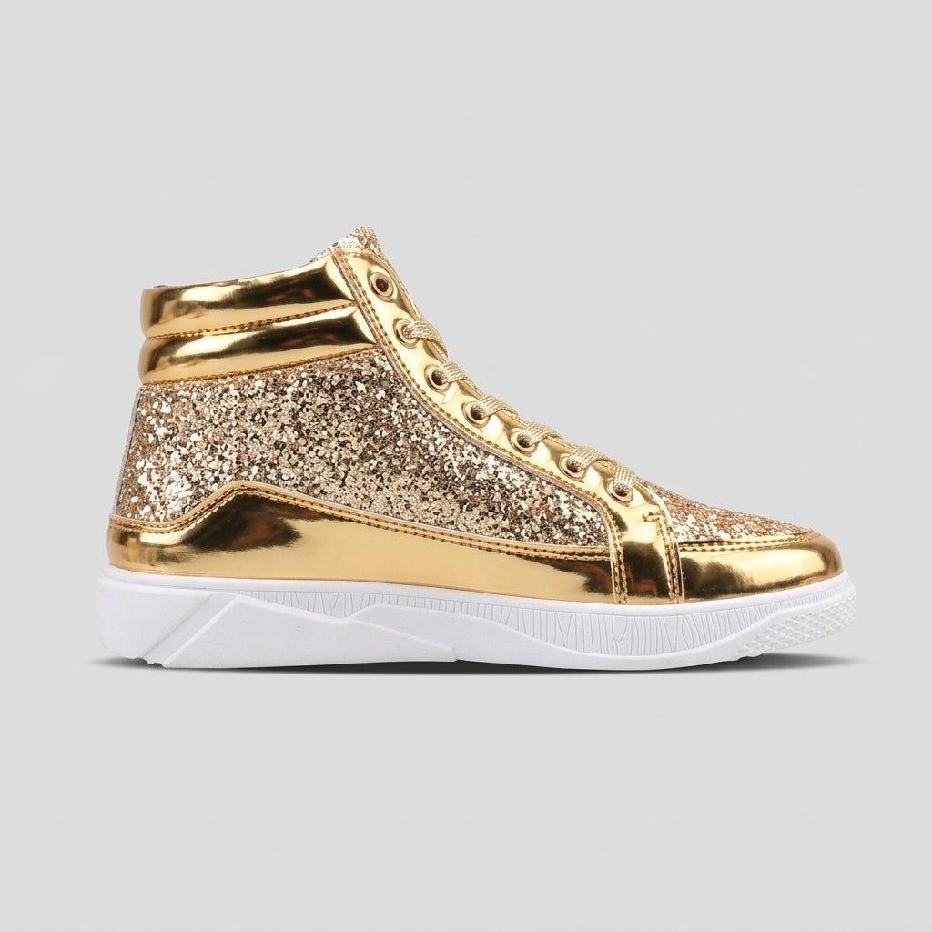 Men's High-Top Sneakers Glitter Metallic Lace-Up White Sole