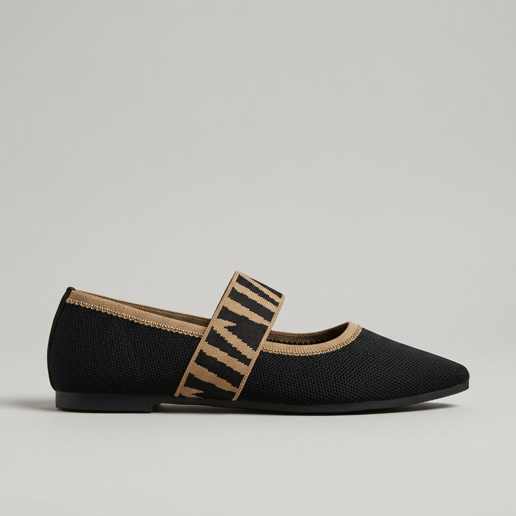 Women's Mary Jane Flats - Pointed Toe - Elastic Letter Strap