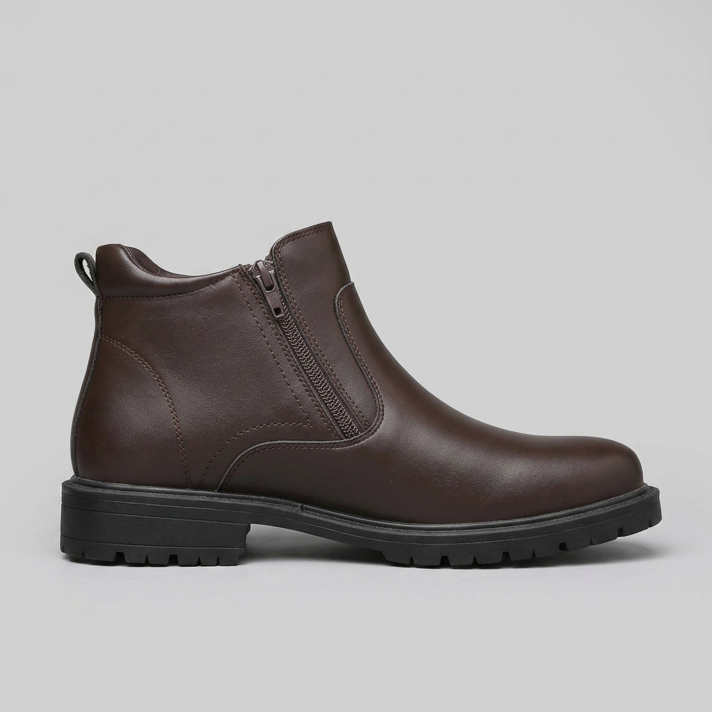 Men's Leather Ankle Boots - Side Zipper - Low Block Heel - Lug Sole