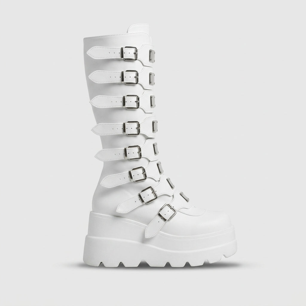 Women's Knee High Platform Boots Multi-Buckle Strap Chunky Sole