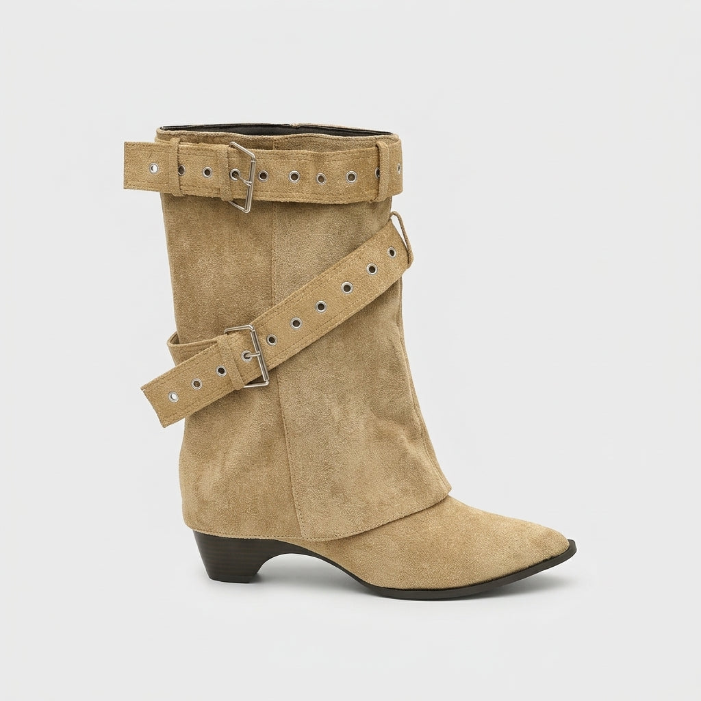 Women's Boots Pointed Toe Mid-Calf Double Buckle Straps Low Block Heel