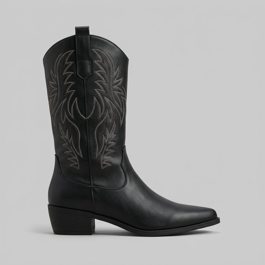 Women's Mid-Calf Western Boots - Pointed Toe - Block Heel - Embroidered