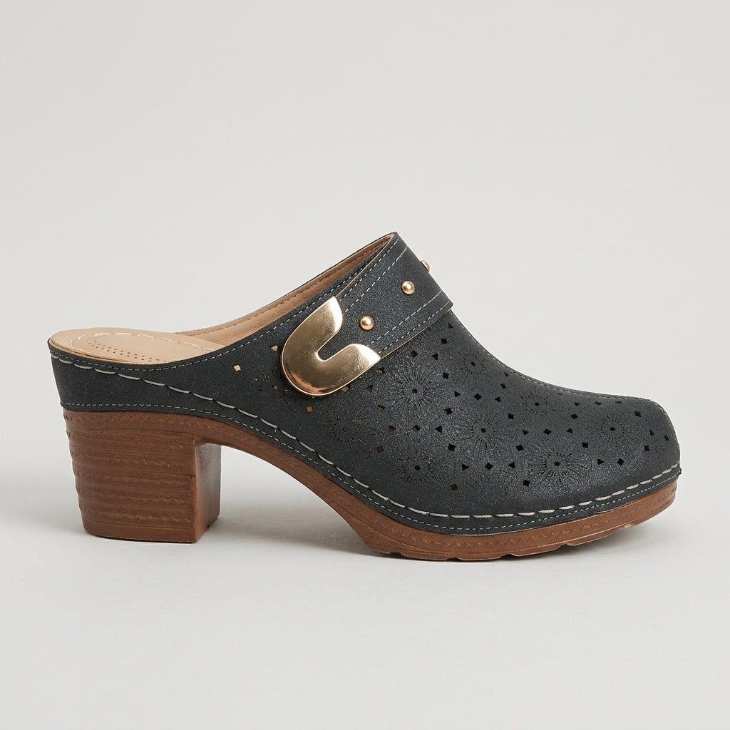 Vintage Floral Cutout Block Heel Mules Studded Clogs
