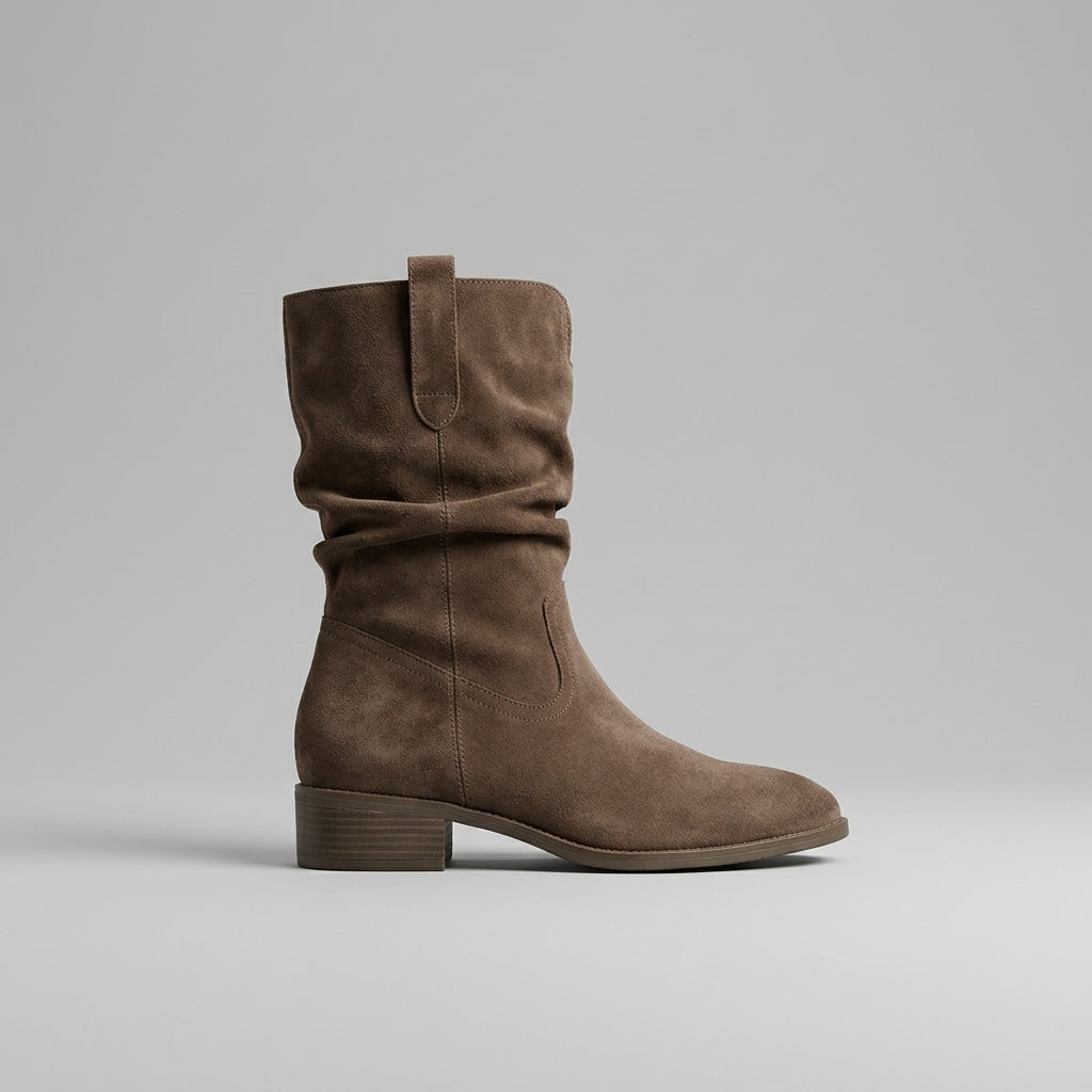 Women’s Suede Slouch Mid Calf Western Boots Block Heel