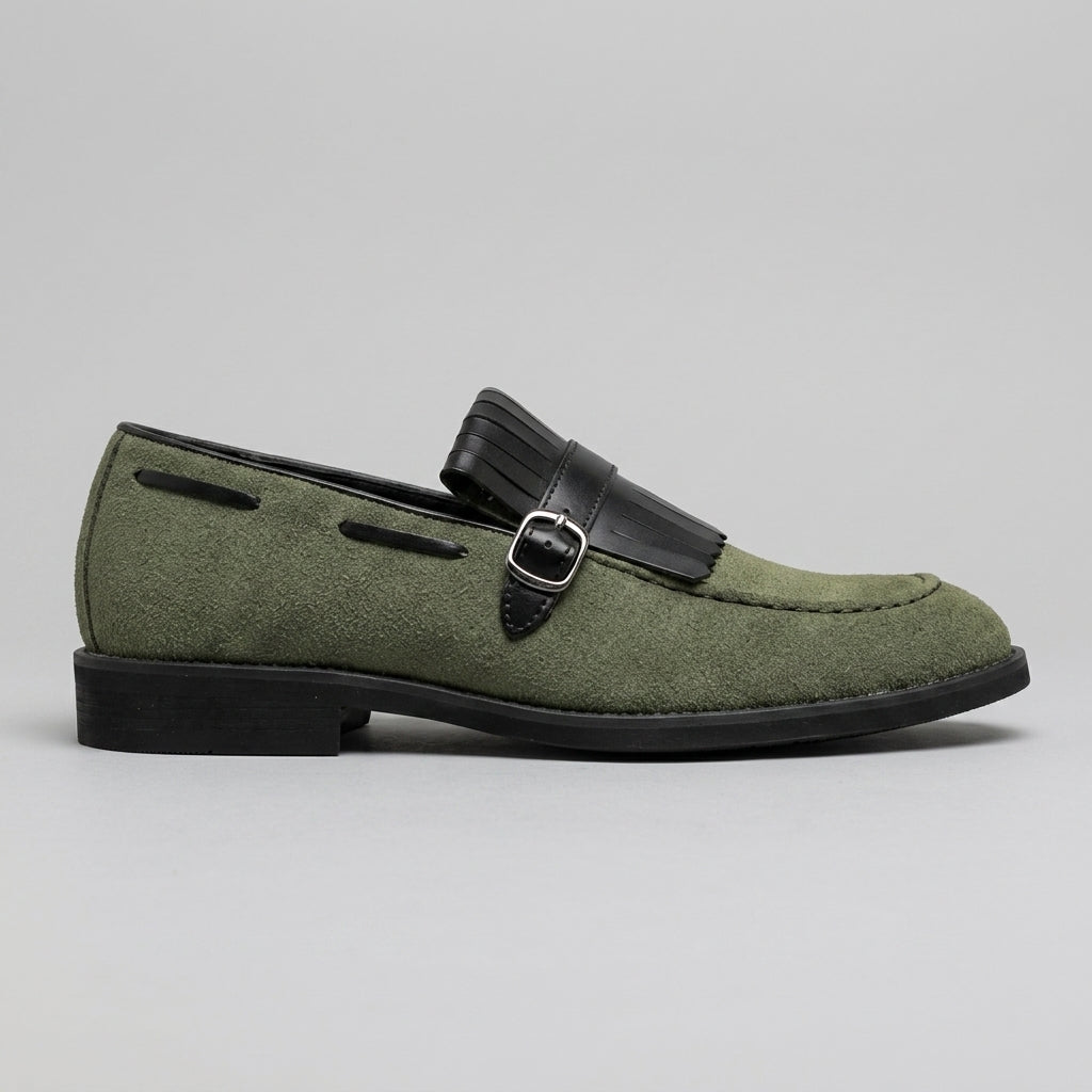 Men's Penny Loafers - Suede - Fringe Detail - Buckle Strap