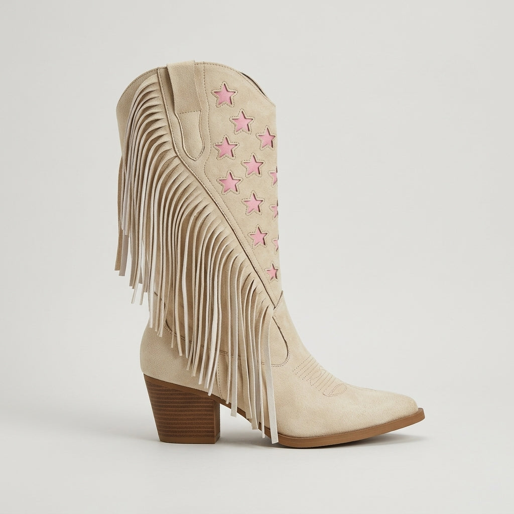 Women's Knee High Boots Western Pointed Toe Fringe Block Heel