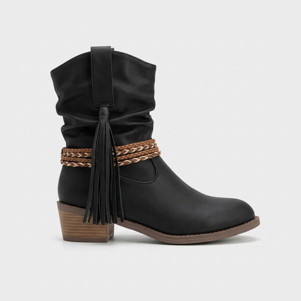 Women's Ankle Boots Slouch Block Heel Side Zip Chain Detail