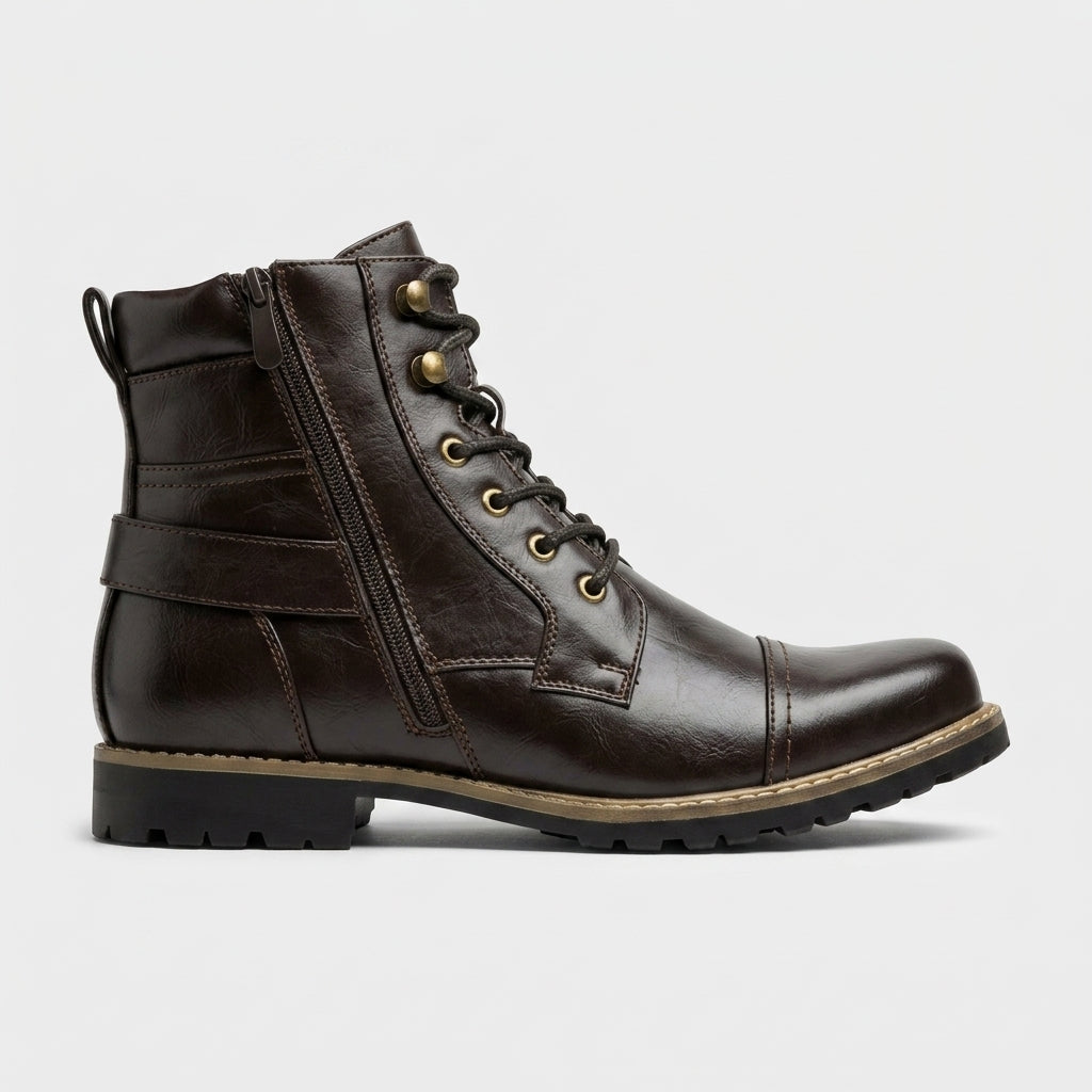 Men's Ankle Boots - Cap Toe - Lace-Up - Side Zip - Buckle Strap