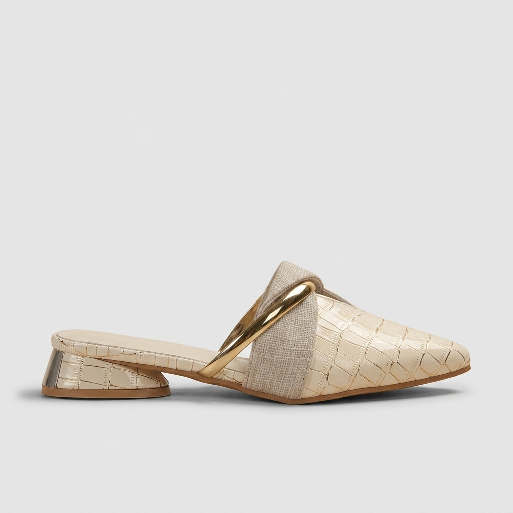 Women's Pointed Toe Mules with Metal Accent Strap and Low Heel