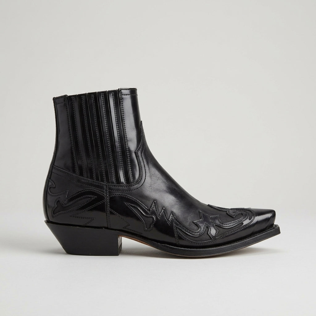 Men's Pointed Toe Western Ankle Boots with Stitched Overlay Detail
