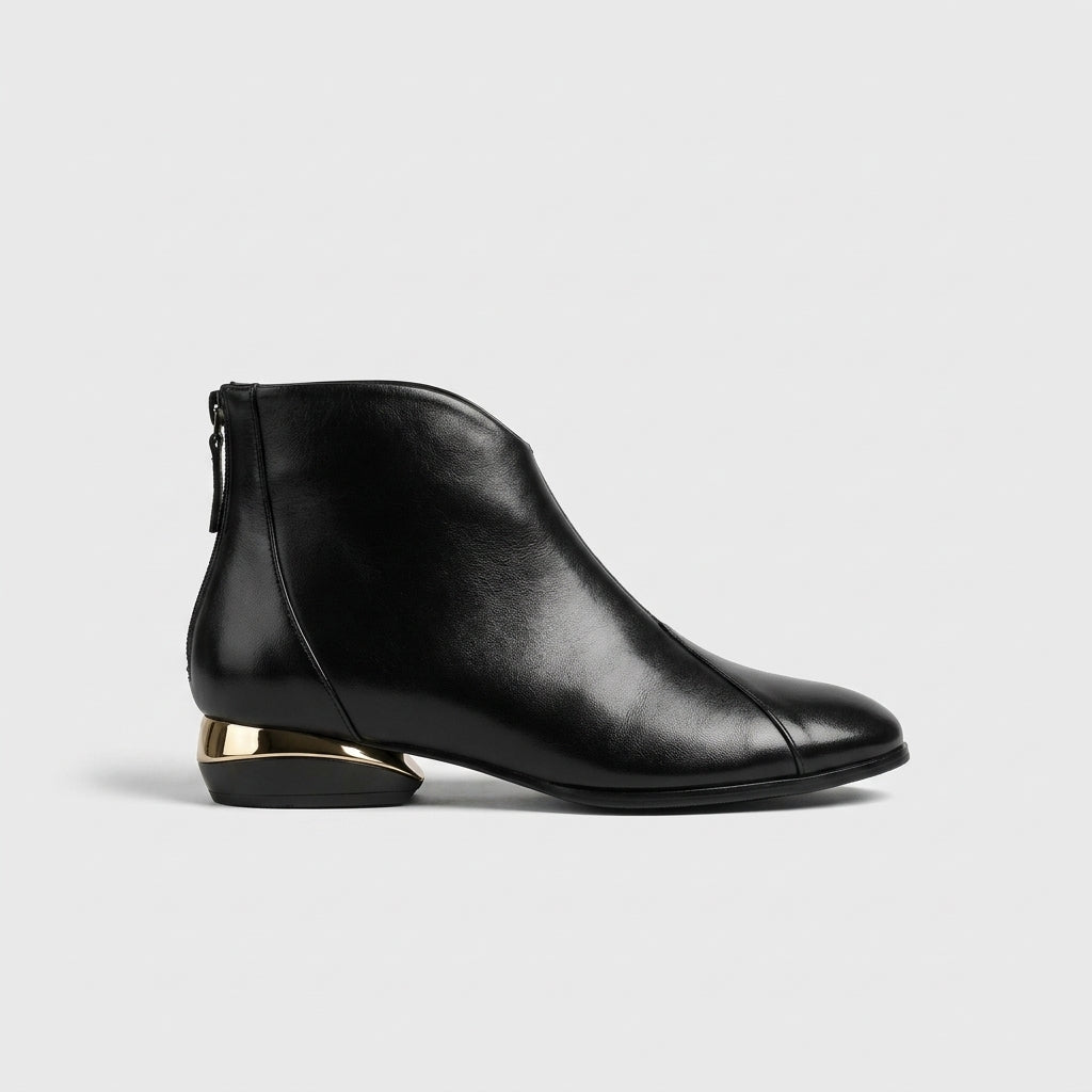 Women's Ankle Boots with V-Cut Topline and Metallic Heel Trim
