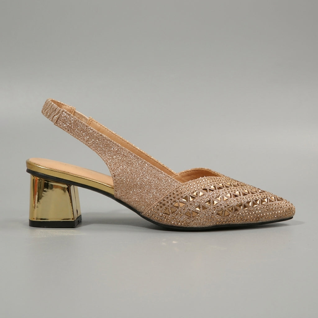 Women's Pointed Toe Slingback Pumps with Rhinestone Detail and Block Heel