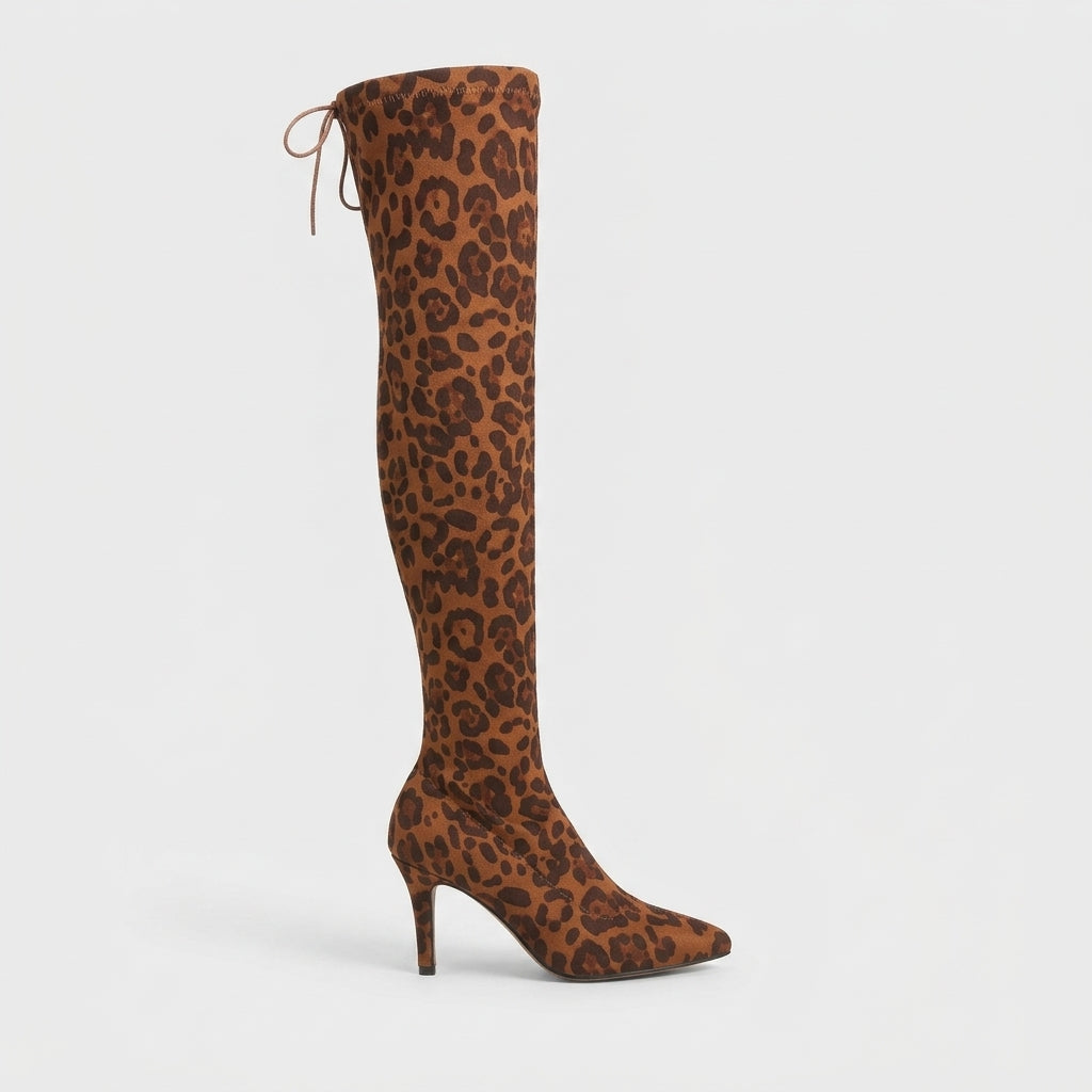 Women's Knee High Boots Pointed Toe Stiletto Heel Drawstring